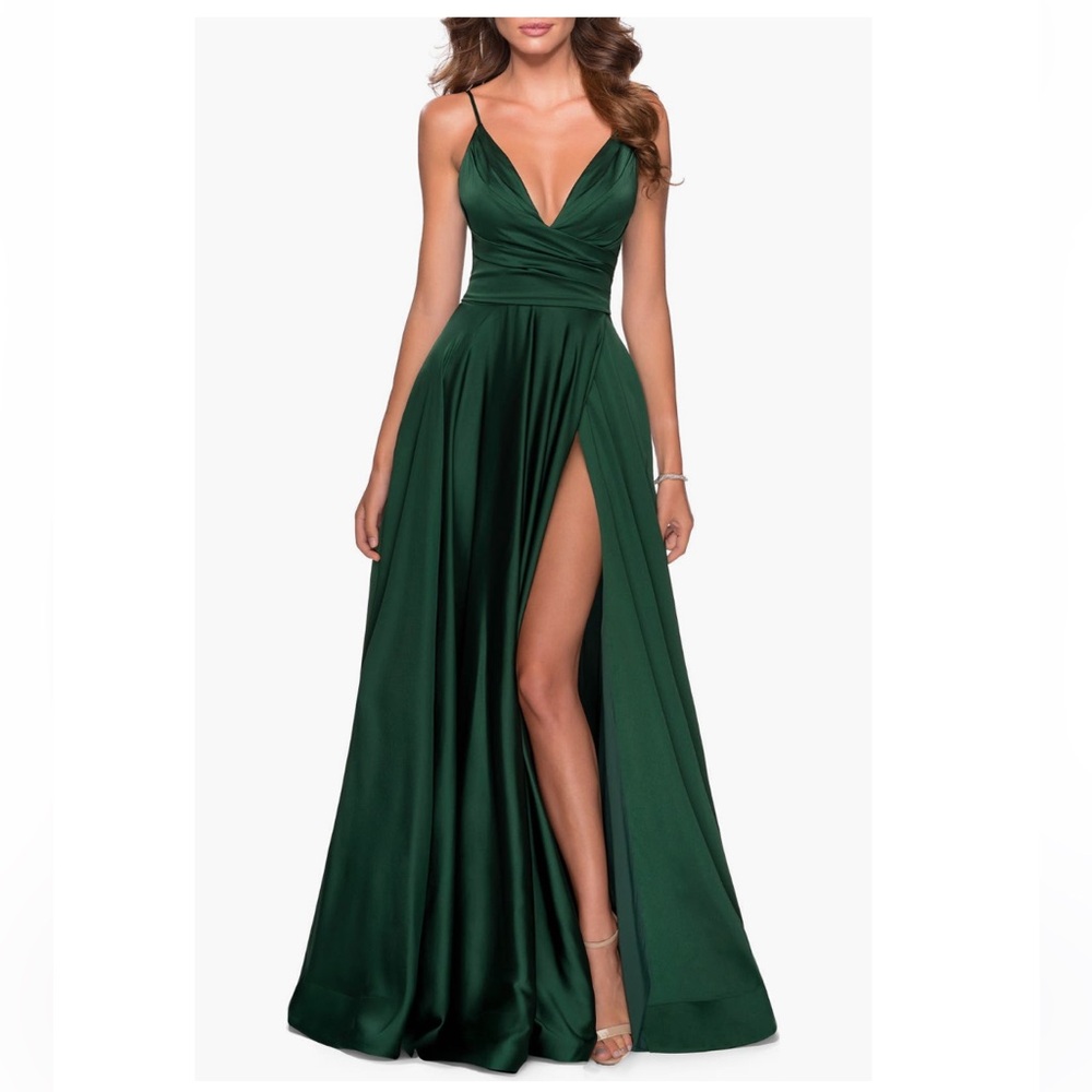 La Femme Emerald Green Satin Gown